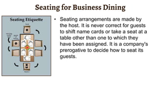 Seating for Business Dining
• Seating arrangements are made by
the host. It is never correct for guests
to shift name cards or take a seat at a
table other than one to which they
have been assigned. It is a company's
prerogative to decide how to seat its
guests.
 