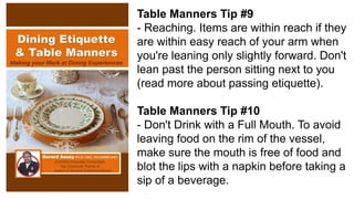 Table Manners Tip #9
- Reaching. Items are within reach if they
are within easy reach of your arm when
you're leaning only slightly forward. Don't
lean past the person sitting next to you
(read more about passing etiquette).
Table Manners Tip #10
- Don't Drink with a Full Mouth. To avoid
leaving food on the rim of the vessel,
make sure the mouth is free of food and
blot the lips with a napkin before taking a
sip of a beverage.
 
