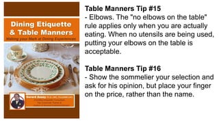 Table Manners Tip #15
- Elbows. The "no elbows on the table"
rule applies only when you are actually
eating. When no utensils are being used,
putting your elbows on the table is
acceptable.
Table Manners Tip #16
- Show the sommelier your selection and
ask for his opinion, but place your finger
on the price, rather than the name.
 