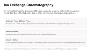 Ion Exchange Chromatography
In hemoglobinopathy diagnosis, IEC uses a resin to separate different hemoglobin
variants (HbA, HbS, HbC, etc.) due to their varying net charges at a specific pH.
Stationary Phase & Mobile Phase
The process uses a stationary phase (charged resin) and a mobile phase (buffer solution) carrying the hemoglobin mixture.
Binding Process
Hemoglobin variants with opposite charges to the resin bind, while others pass through.
Selective Elution
By adjusting the mobile phase's ionic strength or pH, bound hemoglobins are selectively eluted, separating the different hemoglobin types.
This separation enables the identification and quantification of various hemoglobins, crucial for diagnosing hemoglobinopathies.
 