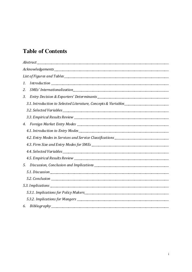 table of contents of a thesis