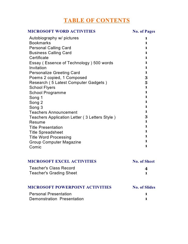 Table Of Contents Janessa Table Of Contents Microsoft Word Activities No Of Pages Autobiography Healthy Food Essays also Thesis Statements For Persuasive Essays How Does Mla Help College And High School Students
