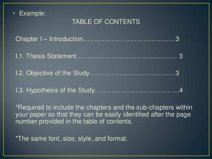 sample of table of contents in research proposal