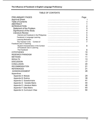 The Influence of Facebook in English Language Proficiency
TABLE OF CONTENTS
PRELIMINARY PAGES Page
Approval Sheet ………………………………………… i
Table of Contents ………………………………………… ii
ABSTRACT ………………………………………… 1
INTRODUCTION ………………………………………… 2
Statement of the Problem ………………………………………… 3
Significance of the Study ………………………………………… 4
Literature Review ………………………………………… 4
Internet and Facebook in the Philippines ………………………………………… 5
Facebook in Language Learning ………………………………………… 6
Learning Motivation ………………………………………… 6
The Teacher in the Context of
Facebook Use in Teaching
………………………………………… 7
Student Characteristics in the Context
of Facebook Use in Learning
………………………………………… 8
The Facebook ………………………………………… 8
HYPOTHESES ………………………………………… 10
RESEARCH PARADIGM ………………………………………… 10
METHODS ………………………………………… 11
RESULTS ………………………………………… 13
DISCUSSION ………………………………………… 17
CONCLUSION ………………………………………… 20
RECOMMENDATION ………………………………………… 21
REFERENCES ………………………………………… 21
ACKNOWLEDGMENT ………………………………………… 28
Appendices
Appendix A: Module ………………………………………… 29
Appendix B: Rubrics ………………………………………… 38
Appendix C: Questionnaire ………………………………………… 41
Appendix D: Variable Matrix ………………………………………… 44
Appendix E: Literature Matrix ………………………………………… 46
Appendix F: Data Matrix ………………………………………… 93
Appendix G: Curriculum Vitae ………………………………………… 94
ii
 