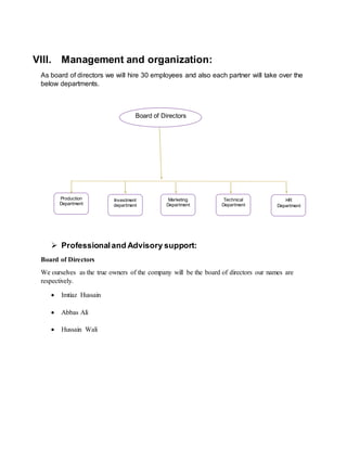 VIII. Management and organization:
As board of directors we will hire 30 employees and also each partner will take over the
below departments.
 Professionaland Advisory support:
Board of Directors
We ourselves as the true owners of the company will be the board of directors our names are
respectively.
 Imtiaz Hussain
 Abbas Ali
 Hussain Wali
Board of Directors
Production
Department
Investment
department
Technical
Department
Marketing
Department
HR
Department
 