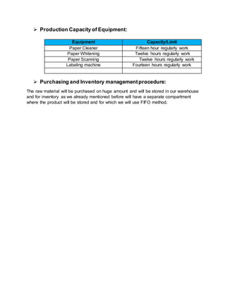  Production Capacity of Equipment:
Equipment Capacity/Limit
Paper Cleaner Fifteen hour regularly work
Paper Whitening Twelve hours regularly work
Paper Scanning Twelve hours regularly work
Labeling machine Fourteen hours regularly work
 Purchasing and Inventory managementprocedure:
The raw material will be purchased on huge amount and will be stored in our warehouse
and for inventory as we already mentioned before will have a separate compartment
where the product will be stored and for which we will use FIFO method.
 