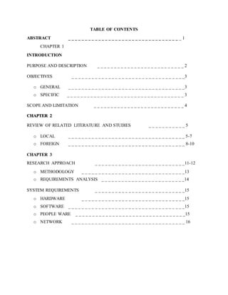 TABLE OF CONTENTS
ABSTRACT _ _ _ _ _ _ _ _ _ _ _ _ _ _ _ _ _ _ _ _ _ _ _ _ _ _ _ _ _ _ _ _ _ _ 1
CHAPTER 1
INTRODUCTION
PURPOSE AND DESCRIPTION _ _ _ _ _ _ _ _ _ _ _ _ _ _ _ _ _ _ _ _ _ _ _ _ _ _ 2
OBJECTIVES _ _ _ _ _ _ _ _ _ _ _ _ _ _ _ _ _ _ _ _ _ _ _ _ _ _ _ _ _ _ _ _ _ _3
o GENERAL _ _ _ _ _ _ _ _ _ _ _ _ _ _ _ _ _ _ _ _ _ _ _ _ _ _ _ _ _ _ _ _ _ _ _3
o SPECIFIC _ _ _ _ _ _ _ _ _ _ _ _ _ _ _ _ _ _ _ _ _ _ _ _ _ _ _ _ _ _ _ _ _ _ _ 3
SCOPE AND LIMITATION _ _ _ _ _ _ _ _ _ _ _ _ _ _ _ _ _ _ _ _ _ _ _ _ _ _ _ 4
CHAPTER 2
REVIEW OF RELATED LITERATURE AND STUDIES _ _ _ _ _ _ _ _ _ _ _ 5
o LOCAL _ _ _ _ _ _ _ _ _ _ _ _ _ _ _ _ _ _ _ _ _ _ _ _ _ _ _ _ _ _ _ _ _ _ _ 5-7
o FOREIGN _ _ _ _ _ _ _ _ _ _ _ _ _ _ _ _ _ _ _ _ _ _ _ _ _ _ _ _ _ _ _ _ _ _ _ 8-10
CHAPTER 3
RESEARCH APPROACH _ _ _ _ _ _ _ _ _ _ _ _ _ _ _ _ _ _ _ _ _ _ _ _ _ _ _11-12
o METHODOLOGY _ _ _ _ _ _ _ _ _ _ _ _ _ _ _ _ _ _ _ _ _ _ _ _ _ _ _ _ _ _ _13
o REQUIREMENTS ANALYSIS _ _ _ _ _ _ _ _ _ _ _ _ _ _ _ _ _ _ _ _ _ _ _ _ _14
SYSTEM REQUIREMENTS _ _ _ _ _ _ _ _ _ _ _ _ _ _ _ _ _ _ _ _ _ _ _ _ _ _ _15
o HARDWARE _ _ _ _ _ _ _ _ _ _ _ _ _ _ _ _ _ _ _ _ _ _ _ _ _ _ _ _ _ _ _15
o SOFTWARE _ _ _ _ _ _ _ _ _ _ _ _ _ _ _ _ _ _ _ _ _ _ _ _ _ _ _ _ _ _ _ _ _ _ _15
o PEOPLE WARE _ _ _ _ _ _ _ _ _ _ _ _ _ _ _ _ _ _ _ _ _ _ _ _ _ _ _ _ _ _ _ _ _15
o NETWORK _ _ _ _ _ _ _ _ _ _ _ _ _ _ _ _ _ _ _ _ _ _ _ _ _ _ _ _ _ _ _ _ _ _ 16
 