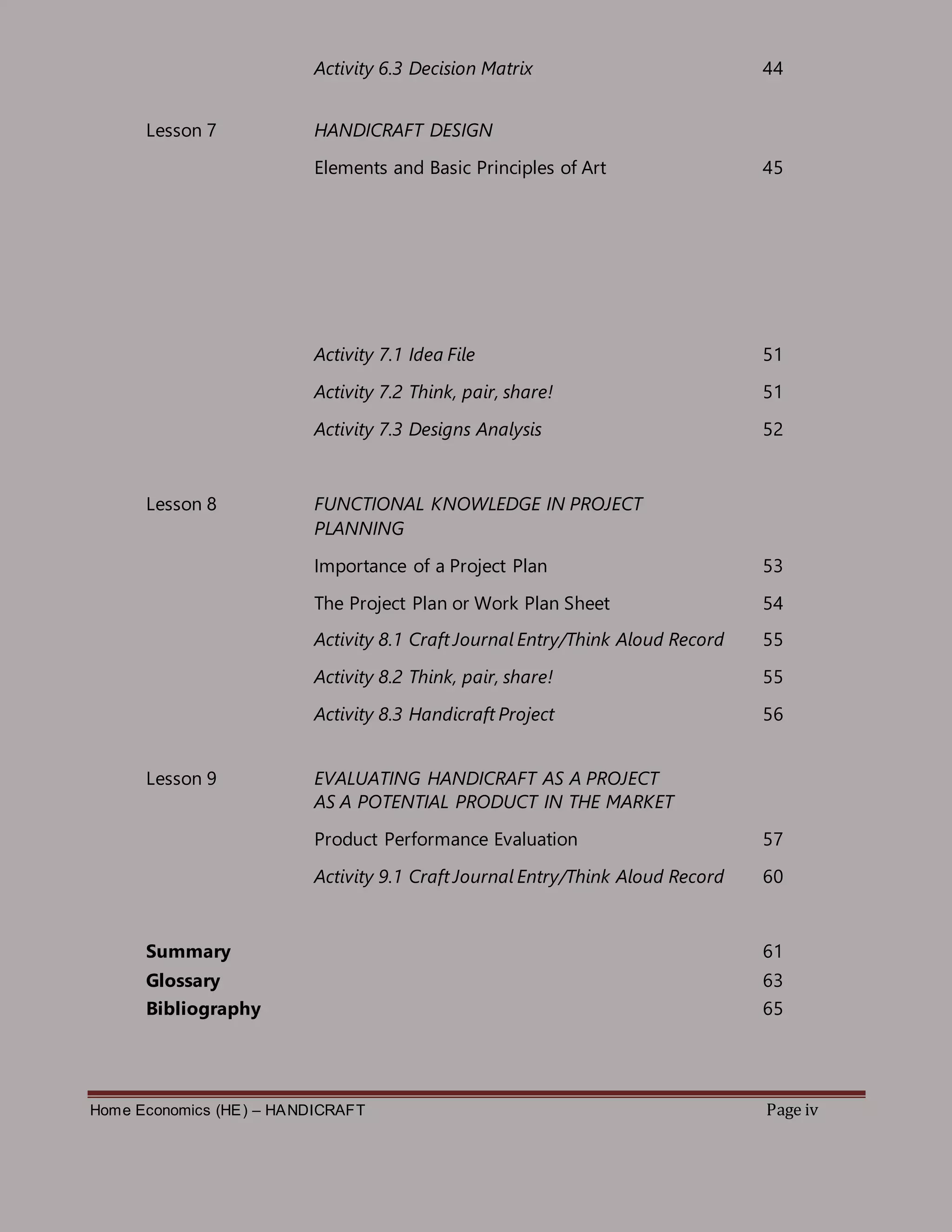Home Economics (HE) – HANDICRAFT Page iv
Activity 6.3 Decision Matrix 44
Lesson 7 HANDICRAFT DESIGN
Elements and Basic Principles of Art 45
Activity 7.1 Idea File 51
Activity 7.2 Think, pair, share! 51
Activity 7.3 Designs Analysis 52
Lesson 8 FUNCTIONAL KNOWLEDGE IN PROJECT
PLANNING
Importance of a Project Plan 53
The Project Plan or Work Plan Sheet 54
Activity 8.1 Craft Journal Entry/Think Aloud Record 55
Activity 8.2 Think, pair, share! 55
Activity 8.3 Handicraft Project 56
Lesson 9 EVALUATING HANDICRAFT AS A PROJECT
AS A POTENTIAL PRODUCT IN THE MARKET
Product Performance Evaluation 57
Activity 9.1 Craft Journal Entry/Think Aloud Record 60
Summary 61
Glossary 63
Bibliography 65
 