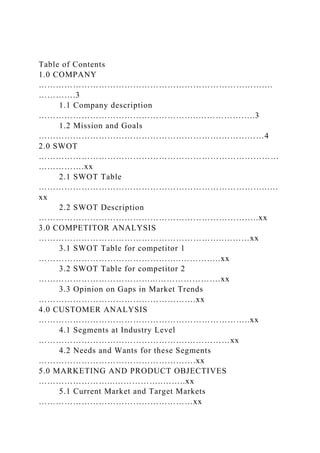Table of Contents
1.0 COMPANY
…………………………………………………………………….…
………….3
1.1 Company description
………………………………………………..………………..3
1.2 Mission and Goals
……………………………………………………….……………4
2.0 SWOT
…………………………………………………………………………
…………….xx
2.1 SWOT Table
……………………………………………………………………..….
xx
2.2 SWOT Description
…………………………………………………………………..xx
3.0 COMPETITOR ANALYSIS
………………………………………………………..………xx
3.1 SWOT Table for competitor 1
…………………………………………..…………..xx
3.2 SWOT Table for competitor 2
…………………………………...………………….xx
3.3 Opinion on Gaps in Market Trends
……………………………………………….xx
4.0 CUSTOMER ANALYSIS
………………………………………………………………..xx
4.1 Segments at Industry Level
…………………………………………….……………xx
4.2 Needs and Wants for these Segments
……………………………………………….xx
5.0 MARKETING AND PRODUCT OBJECTIVES
……………………...……………..……..xx
5.1 Current Market and Target Markets
………………………………………………xx
 