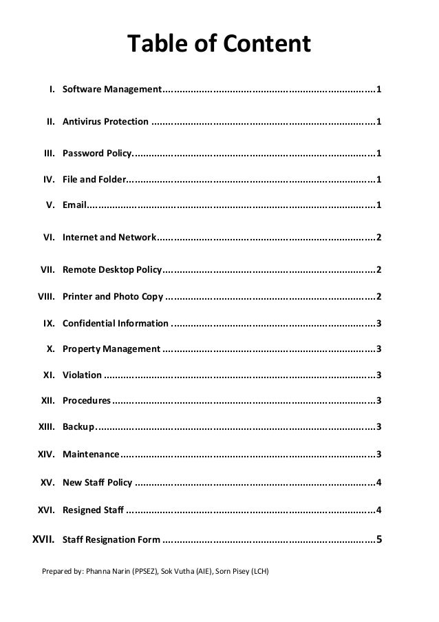 table of contents it policy for group of company1 table of contents example