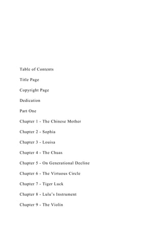 Table of Contents
Title Page
Copyright Page
Dedication
Part One
Chapter 1 - The Chinese Mother
Chapter 2 - Sophia
Chapter 3 - Louisa
Chapter 4 - The Chuas
Chapter 5 - On Generational Decline
Chapter 6 - The Virtuous Circle
Chapter 7 - Tiger Luck
Chapter 8 - Lulu’s Instrument
Chapter 9 - The Violin
 