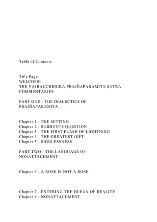 Table of Contents
Title Page
WELCOME
THE VAJRACCHEDIKA PRAJÑAPARAMITA SUTRA
COMMENTARIES
PART ONE - THE DIALECTICS OF
PRAJÑAPARAMITA
Chapter 1 - THE SETTING
Chapter 2 - SUBHUTI’S QUESTION
Chapter 3 - THE FIRST FLASH OF LIGHTNING
Chapter 4 - THE GREATEST GIFT
Chapter 5 - SIGNLESSNESS
PART TWO - THE LANGUAGE OF
NONATTACHMENT
Chapter 6 - A ROSE IS NOT A ROSE
Chapter 7 - ENTERING THE OCEAN OF REALITY
Chapter 8 - NONATTACHMENT
 