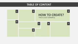 TABLE OF CONTENT
1 2 3
765
8
4
HOW TO CREATE?
THIS IS JUST EXAMPLE
 