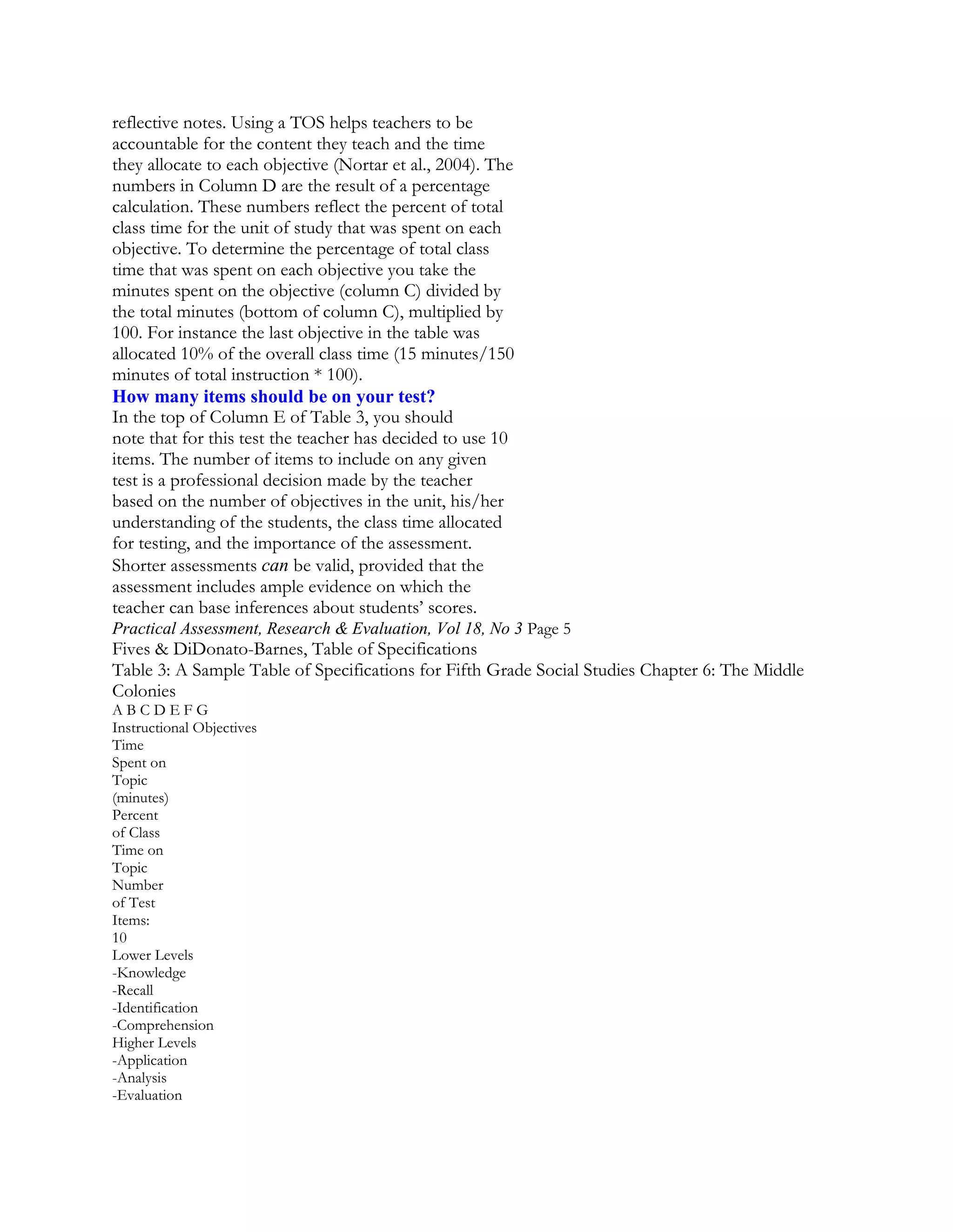 reflective notes. Using a TOS helps teachers to be
accountable for the content they teach and the time
they allocate to each objective (Nortar et al., 2004). The
numbers in Column D are the result of a percentage
calculation. These numbers reflect the percent of total
class time for the unit of study that was spent on each
objective. To determine the percentage of total class
time that was spent on each objective you take the
minutes spent on the objective (column C) divided by
the total minutes (bottom of column C), multiplied by
100. For instance the last objective in the table was
allocated 10% of the overall class time (15 minutes/150
minutes of total instruction * 100).
How many items should be on your test?
In the top of Column E of Table 3, you should
note that for this test the teacher has decided to use 10
items. The number of items to include on any given
test is a professional decision made by the teacher
based on the number of objectives in the unit, his/her
understanding of the students, the class time allocated
for testing, and the importance of the assessment.
Shorter assessments can be valid, provided that the
assessment includes ample evidence on which the
teacher can base inferences about students’ scores.
Practical Assessment, Research & Evaluation, Vol 18, No 3 Page 5

Fives & DiDonato-Barnes, Table of Specifications
Table 3: A Sample Table of Specifications for Fifth Grade Social Studies Chapter 6: The Middle
Colonies
ABCDEFG
Instructional Objectives
Time
Spent on
Topic
(minutes)
Percent
of Class
Time on
Topic
Number
of Test
Items:
10
Lower Levels
-Knowledge
-Recall
-Identification
-Comprehension
Higher Levels
-Application
-Analysis
-Evaluation

 