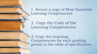 1. Secure a copy of Most Essential
Learning Competencies.
3. Copy the Learning
Competencies for each grading
period in the table of specification
2. Copy the Code of the
Learning Competencies
 
