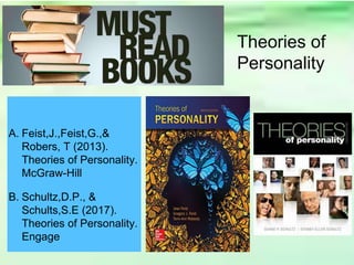 A. Feist,J.,Feist,G.,&
Robers, T (2013).
Theories of Personality.
McGraw-Hill
B. Schultz,D.P., &
Schults,S.E (2017).
Theories of Personality.
Engage
Theories of
Personality
 