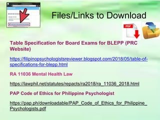 Files/Links to Download
Table Specification for Board Exams for BLEPP (PRC
Website)
https://filipinopsychologistsreviewer.blogspot.com/2018/05/table-of-
specifications-for-blepp.html
RA 11036 Mental Health Law
https://lawphil.net/statutes/repacts/ra2018/ra_11036_2018.html
PAP Code of Ethics for Philippine Psychologist
https://pap.ph/downloadable/PAP_Code_of_Ethics_for_Philippine_
Psychologists.pdf
 