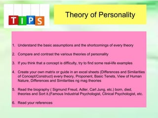 Theory of Personality
1. Understand the basic assumptions and the shortcomings of every theory
2. Compare and contrast the various theories of personality
3. If you think that a concept is difficulty, try to find some real-life examples
4. Create your own matrix or guide in an excel sheets (Differences and Similarities
of Concept/Construct) every theory, Proponent, Basic Tenets, View of Human
Nature, Differences and Similarities ng mag theories
5. Read the biography ( Sigmund Freud, Adler, Carl Jung, etc.) born, died,
theories and Sort it.(Famous Industrial Psychologist, Clinical Psychologist, etc.
6. Read your references
 