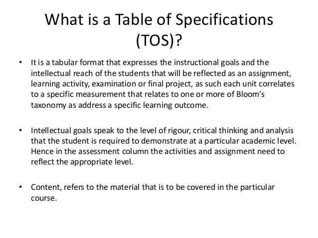 Table Of Specifications Bloom Taxonomy Sample