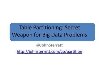 Table Partitioning:
Secret Weapon for Big Data Problems

October 15-18, 2013
Charlotte, NC

John Sterrett, Sr. Database Admin Advisor
DELL

 