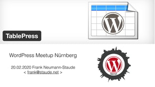 20.02.2020 Frank Neumann-Staude
< frank@staude.net >
WordPress Meetup Nürnberg
 