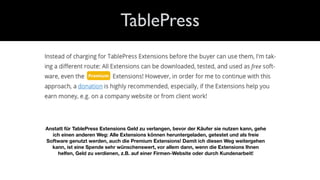 TablePress
Anstatt für TablePress Extensions Geld zu verlangen, bevor der Käufer sie nutzen kann, gehe
ich einen anderen W...