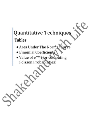 Quantitative Techniques
Tables
  Area Under The Normal Curve
  Binomial Coefficients
  Value of    (for computing
  Poisson Probabilities)
 