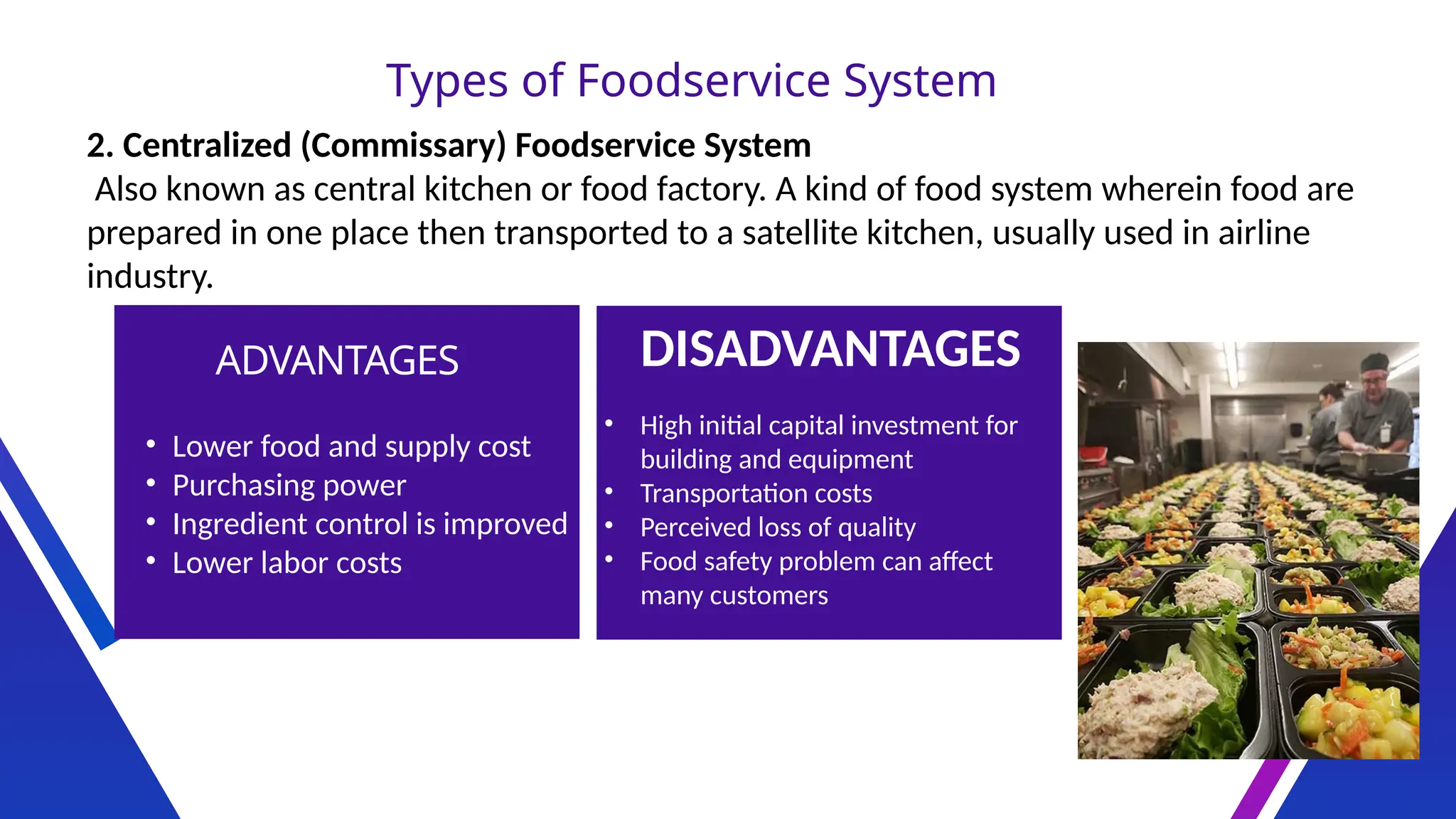 Types of Foodservice System
2. Centralized (Commissary) Foodservice System
Also known as central kitchen or food factory. A kind of food system wherein food are
prepared in one place then transported to a satellite kitchen, usually used in airline
industry.
ADVANTAGES DISADVANTAGES
• Lower food and supply cost
• Purchasing power
• Ingredient control is improved
• Lower labor costs
• High initial capital investment for
building and equipment
• Transportation costs
• Perceived loss of quality
• Food safety problem can affect
many customers
 
