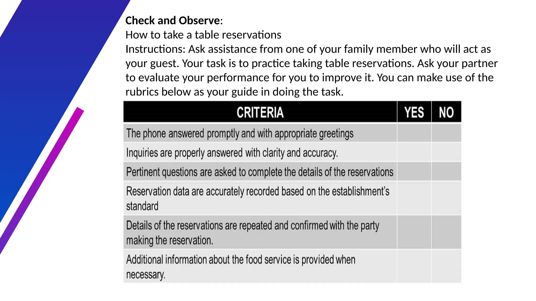 Check and Observe:
How to take a table reservations
Instructions: Ask assistance from one of your family member who will act as
your guest. Your task is to practice taking table reservations. Ask your partner
to evaluate your performance for you to improve it. You can make use of the
rubrics below as your guide in doing the task.
 