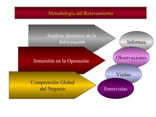 Metodología del Relevamiento Análisis dinámico de la  Información Inmersión en la Operación  Comprensión Global del Negocio Informes Observaciones Visitas Entrevistas 