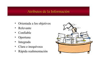 Orientada a los objetivos Relevante Confiable Oportuna Integrada Clara e inequívoca Rápida realimentación Atributos de la Información 