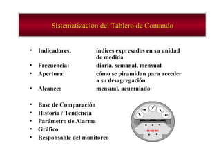 Indicadores:  í ndices expresados en  su  unidad  de medida Frecuencia: diaria, semanal, mensual Apertura:  cómo se piramidan  para acceder  a su desagregación Alcance:  mensual, acumulado Base de Comparación Historia / Tendencia Parámetro de  Alarma Gráfico Responsable del monitoreo Sistematización del Tablero de Comando 