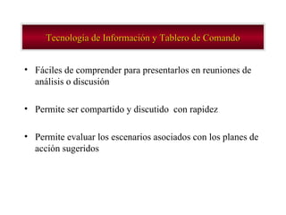 Tecnología de Información y Tablero de Comando Fáciles de comprender para presentarlos en reuniones de análisis o discusión  Permite ser compartido y discutido  con rapidez Permite evaluar los escenarios asociados con los planes de acción sugeridos 