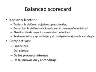 Balanced scorecard Kaplan y Norton: Traducir la visión en objetivos operacionales; Comunicar la visión y relacionarla con el desempeño individual Planificación de negocios – selección de Índices Realimentación y aprendizaje, y el consiguiente ajuste de estrategia. Perspectivas: Financiera. Del cliente De los procesos internos De la innovación y aprendizaje