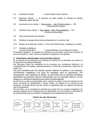 2.4. incremento clientes = ventas totales nuevos clientes.
2.5. Retención clientes = el indicador me debe señalar la cantidad de clientes
fidelizados dados de baja.
2.6. Incremento en las ventas = Vtas.período - Vtas. Período anterior x 100
Ventas período anterior.
2.7. Variación de las ventas = Vtas. Reales – Vtas. Presupuestadas x 100
Ventas presupuestadas
2.8. Tasa de devolución de productos
2.9. Cantidad de quejas del período n comparada con el período n-1
2.10 Margen de contribución unitario = Precio Vta.Unitario-Gtos. Variables por Unidad
2.11 Unidades vendidas en
el punto de equilibrio = Costo fijo/Margen de Contribución Unitario
El indicador establece la cantidad de unidades que se precisa vender para alcanzar el
punto de equilibrio, o sea cuando los ingresos se equiparan a los egresos.
3. Indicadores relacionados con el proceso interno.
En la mayoría de las empresas, los sistemas de medición de su actuación se centran en
la mejora de los procesos existentes.
Las empresas miden los resultados de los procesos con indicadores referidos a la
cumplimentación de pedidos, aprovisionamiento y control de la producción, reducción de
costos. etc.
Hay que considerar que los clientes cuando ordenan un pedido a una empresa,
normalmente, establecen una serie de requisitos para su adquisición. Por
consiguiente, para satisfacer al cliente, es primordial que la empresa identifique
claramente los procesos internos relacionados con los requisitos fijados a fin de
asegurar su eficiencia operativa para poder cumplimentarlos.
Si se tiene en cuenta que actividades como: mejorar la calidad, reducir los tiempos de los
ciclos, aumentar los rendimientos o reducir costos, se realizan en la mayoría de las
empresas, se puede afirmar que las mismas no garantiza estar en mejores condiciones
que la competencia.
Por tal motivo, en la actualidad la actividad que puede dar una ventaja competitiva a la
empresa respecto de la competencia es la relacionada con la innovación y desarrollo de
los productos/servicios que tienden a anticiparse a las expectativas del cliente.
Cadena de valor del proceso
Identificar
Necesidades
cliente
Identifica
ción del
mercado
Creación
del
producto
Elabora-
ción del
producto
Entrega
del
producto
Servicio
al
cliente
Necesidad
del cliente
satisfecha
 