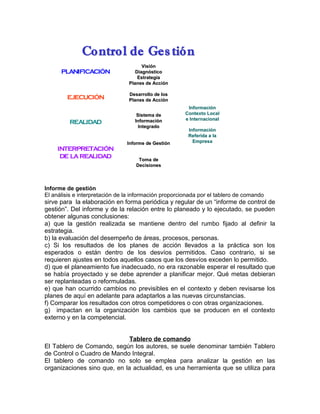VisiónVisión
DiagnósticoDiagnóstico
EstrategiaEstrategia
Planes de AcciónPlanes de Acción
Desarrollo de losDesarrollo de los
Planes de AcciónPlanes de Acción
Sistema deSistema de
InformaciónInformación
IntegradoIntegrado
Informe de GestiónInforme de Gestión
Toma deToma de
DecisionesDecisiones
InformaciónInformación
Contexto LocalContexto Local
e Internacionale Internacional
InformaciónInformación
Referida a laReferida a la
EmpresaEmpresa
PLANIFICACIÓN
EJECUCIÓN
REALIDAD
INTERPRETACIÓN
DE LAREALIDAD
Control de Ges tiónControl de Ges tión
Informe de gestión
El análisis e interpretación de la información proporcionada por el tablero de comando
sirve para la elaboración en forma periódica y regular de un “informe de control de
gestión”. Del informe y de la relación entre lo planeado y lo ejecutado, se pueden
obtener algunas conclusiones:
a) que la gestión realizada se mantiene dentro del rumbo fijado al definir la
estrategia.
b) la evaluación del desempeño de áreas, procesos, personas.
c) Si los resultados de los planes de acción llevados a la práctica son los
esperados o están dentro de los desvíos permitidos. Caso contrario, si se
requieren ajustes en todos aquellos casos que los desvíos exceden lo permitido.
d) que el planeamiento fue inadecuado, no era razonable esperar el resultado que
se había proyectado y se debe aprender a planificar mejor. Qué metas debieran
ser replanteadas o reformuladas.
e) que han ocurrido cambios no previsibles en el contexto y deben revisarse los
planes de aquí en adelante para adaptarlos a las nuevas circunstancias.
f) Comparar los resultados con otros competidores o con otras organizaciones.
g) impactan en la organización los cambios que se producen en el contexto
externo y en la competencial.
Tablero de comando
El Tablero de Comando, según los autores, se suele denominar también Tablero
de Control o Cuadro de Mando Integral.
El tablero de comando no solo se emplea para analizar la gestión en las
organizaciones sino que, en la actualidad, es una herramienta que se utiliza para
 