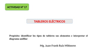Mg. Juan Frank Ruiz Mitteenn
TABLEROS ELÉCTRICOS
Propósito: identificar los tipos de tableros sus elementos e interpretar el
diagrama unifilar.
ACTIVIDAD N° 17
 