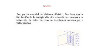Son partes esencial del sistema eléctrico. Sus fines son la
distribución de la energía eléctrica a través de circuitos y la
protección de estos en caso de eventuales sobrecargas y
cortocircuitos.
TABLEROS
 