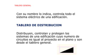 Con su nombre lo indica, controla todo el
sistema eléctrico de una edificación.
TABLERO DE DISTRIBUCION
Distribuyen, controlan y protegen los
sistemas de una edificación cuyo numero de
circuitos es igual al proyecto en el plano y son
desde el tablero general.
TABLERO GENERAL
 