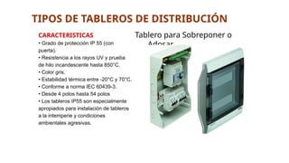 Tablero para Sobreponer o
Adosar
TIPOS DE TABLEROS DE DISTRIBUCIÓN
CARACTERISTICAS
• Grado de protección IP 55 (con
puerta).
• Resistencia a los rayos UV y prueba
de hilo incandescente hasta 850°C.
• Color gris.
• Estabilidad térmica entre -20°C y 70°C.
• Conforme a norma IEC 60439-3.
• Desde 4 polos hasta 54 polos
• Los tableros IP55 son especialmente
apropiados para instalación de tableros
a la intemperie y condiciones
ambientales agresivas.
 