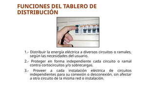 1.- Distribuir la energía eléctrica a diversos circuitos o ramales,
según las necesidades del usuario.
2.- Proteger en forma independiente cada circuito o ramal
contra cortocircuitos y/o sobrecargas.
3.- Proveer a cada instalación eléctrica de circuitos
independientes para su conexión o desconexión, sin afectar
a otro circuito de la misma red o instalación.
FUNCIONES DEL TABLERO DE
DISTRIBUCIÓN
 