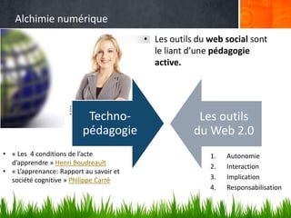 Alchimie numérique
                                         • Les outils du web social sont
                                           le liant d’une pédagogie
                                           active.




                          Techno-                     Les outils
                         pédagogie                   du Web 2.0
• « Les 4 conditions de l’acte                           1.   Autonomie
  d’apprendre » Henri Boudreault
                                                         2.   Interaction
• « L’apprenance: Rapport au savoir et
  société cognitive » Philippe Carré                     3.   Implication
                                                         4.   Responsabilisation
 