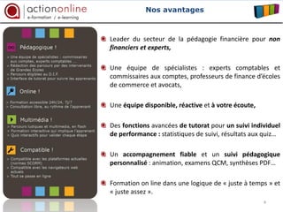 Nos avantages



Leader du secteur de la pédagogie financière pour non
financiers et experts,

Une équipe de spécialistes : experts comptables et
commissaires aux comptes, professeurs de finance d’écoles
de commerce et avocats,

Une équipe disponible, réactive et à votre écoute,

Des fonctions avancées de tutorat pour un suivi individuel
de performance : statistiques de suivi, résultats aux quiz…

Un accompagnement fiable et un suivi pédagogique
personnalisé : animation, examens QCM, synthèses PDF…

Formation on line dans une logique de « juste à temps » et
« juste assez ».
                                                     4
 