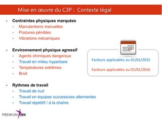 25
Mise en œuvre du C3P : Contexte légal
• Contraintes physiques marquées
• Manutentions manuelles
• Postures pénibles
• Vibrations mécaniques
• Environnement physique agressif
• Agents chimiques dangereux
• Travail en milieu hyperbare
• Températures extrêmes
• Bruit
• Rythmes de travail
• Travail de nuit
• Travail en équipes successives alternantes
• Travail répétitif / à la chaîne
Facteurs applicables au 01/01/2015
Facteurs applicables au 01/01/2016
 