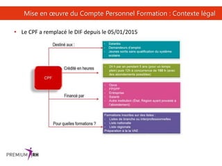 33
Mise en œuvre du Compte Personnel Formation : Contexte légal
• Le CPF a remplacé le DIF depuis le 05/01/2015
 