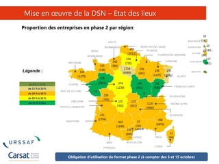 4
Mise en œuvre de la DSN – Etat des lieux
Légende :
Proportion des entreprises en phase 2 par région
Obligation d’utilisation du format phase 2 (à compter des 5 et 15 octobre)
 