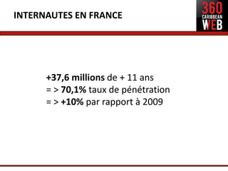 INTERNAUTES EN FRANCE




      +37,6 millions de + 11 ans
      = > 70,1% taux de pénétration
      = > +10% par rapport à 2009




                     3
 
