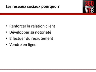 Les réseaux sociaux pourquoi?



•   Renforcer la relation client
•   Développer sa notoriété
•   Effectuer du recrutement
•   Vendre en ligne
 