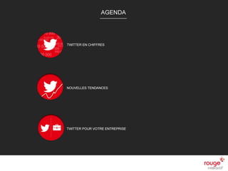 n
Agenda
n Twitter en chiffres
n Les nouvelles tendances
n Les utilisations de Twitter pour votre entreprise
 