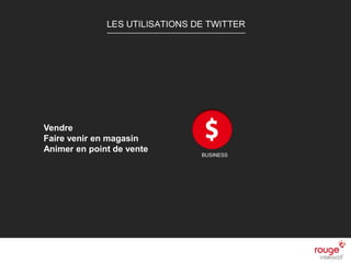 n
Sources : Institut Comscore
Les raisons d’un succès
n Facile à utiliser
n Très viral
n Plus de libertés
n Rapprochement avec ses fans
n Recherche pertinent
LES UTILISATIONS DE
TWITTER
Vendre
Faire venir en magasin
Animer en point de vente
 